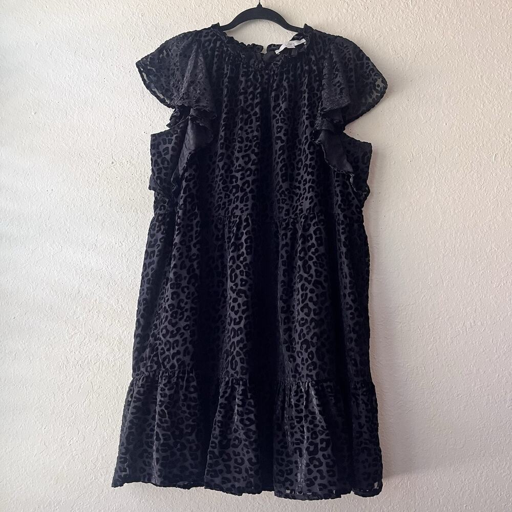 Loft Womens Ruffle Short Sleeve Velvet Animal Print Lined Black TieredDress Sz L
